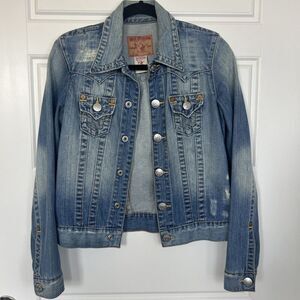 True Religion World Tour Women’s Jimmy Denim Trucker Jacket Blue Size XS